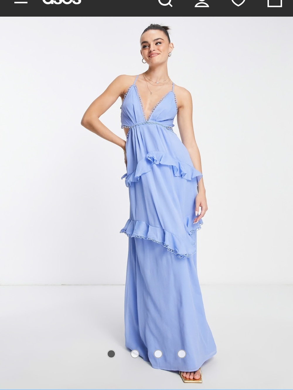 ASOS Design Cami Maxi Dress Open Back Circle Trim Periwinkle Blue Size 6 Tiered